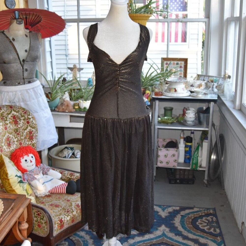 Vintage 70s 80s Black Gold Metallic Dress S M Ruched Drop Waist Disco Party